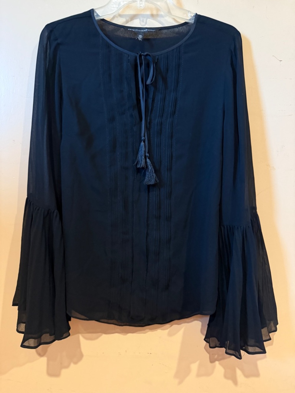 White House Black Market Black Scoop Neck Blouse, Size 10, Sheer Bell Sleeves.